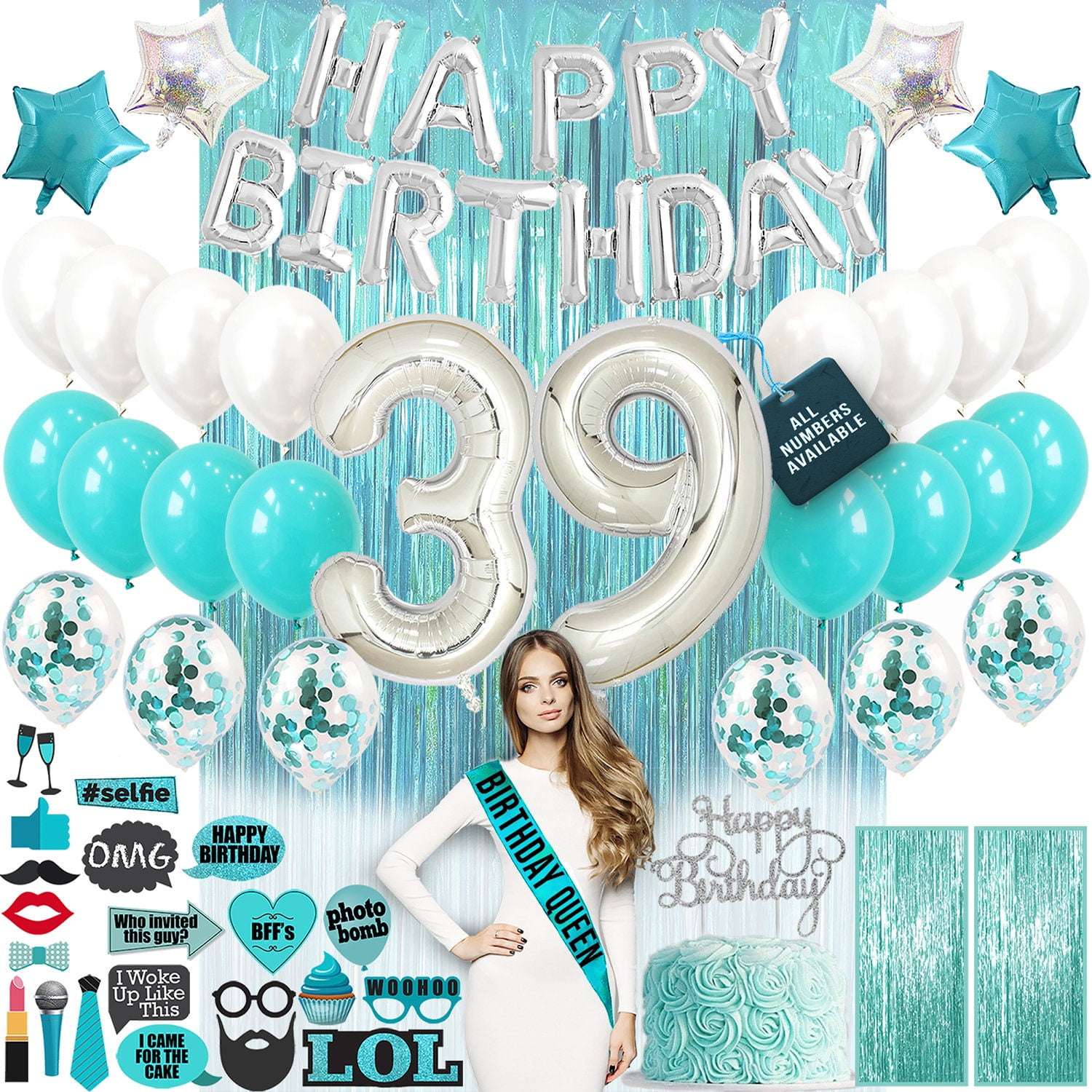 39th Birthday Decorations, Birthday Party Supplies, Thirty Nine Birthday Banner Teal Green Confetti Balloons Her Photo, 39 Bday Cake Topper - Walmart.com